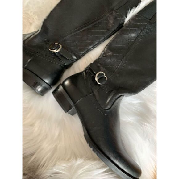 Black riding boots size 6 with stretchy back part new  faux leather - Picture 1 of 7